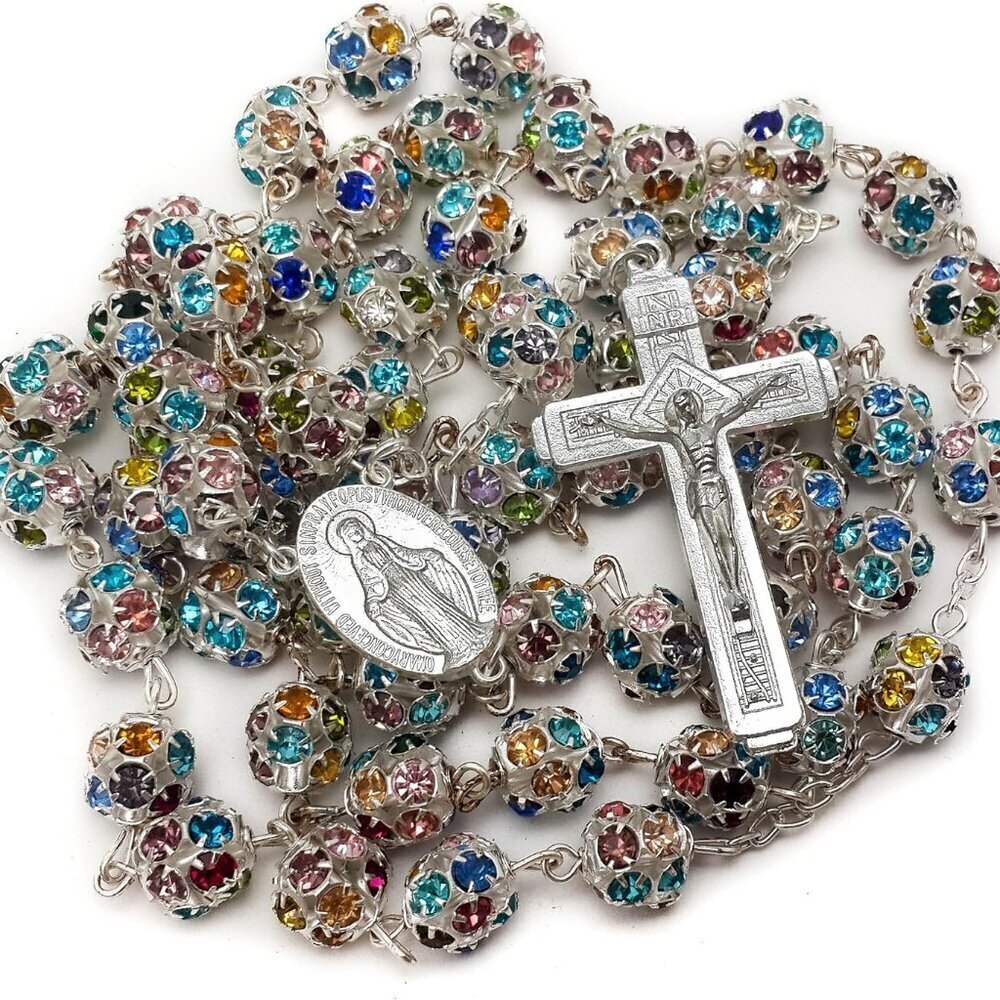 Silver Catholic Rosary Beads Multicolor Swarovski Crystal Prayer Necklace